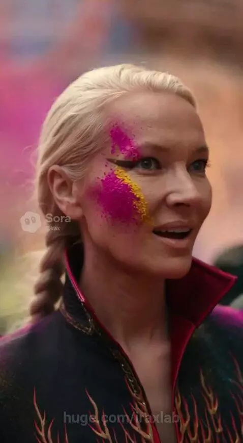 Woman covered in colorful powder celebrates Holi festival with a young girl in India.