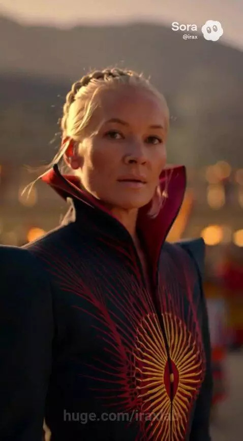 Woman in traditional attire at Inti Raymi festival in Cusco, Peru, with a portal opening to a ceremonial gathering.