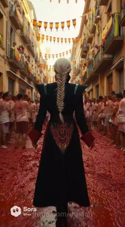 Woman in flame-patterned outfit joins a massive tomato fight at La Tomatina festival in Spain.
