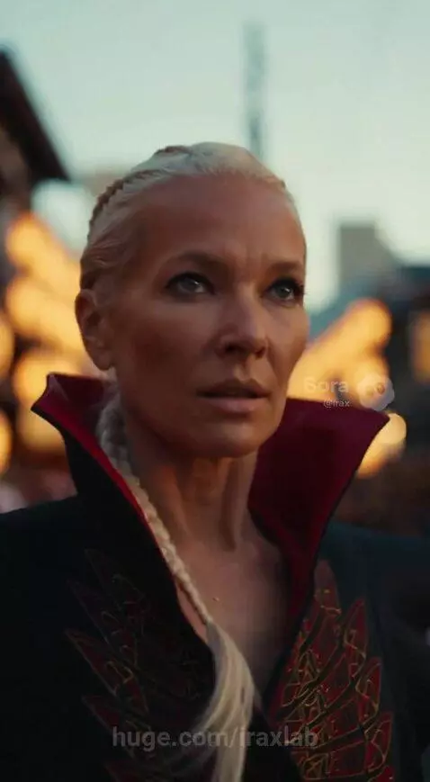Woman in a black and red coat steps through a blue portal into a bustling Japanese Gion Matsuri festival with a large float.