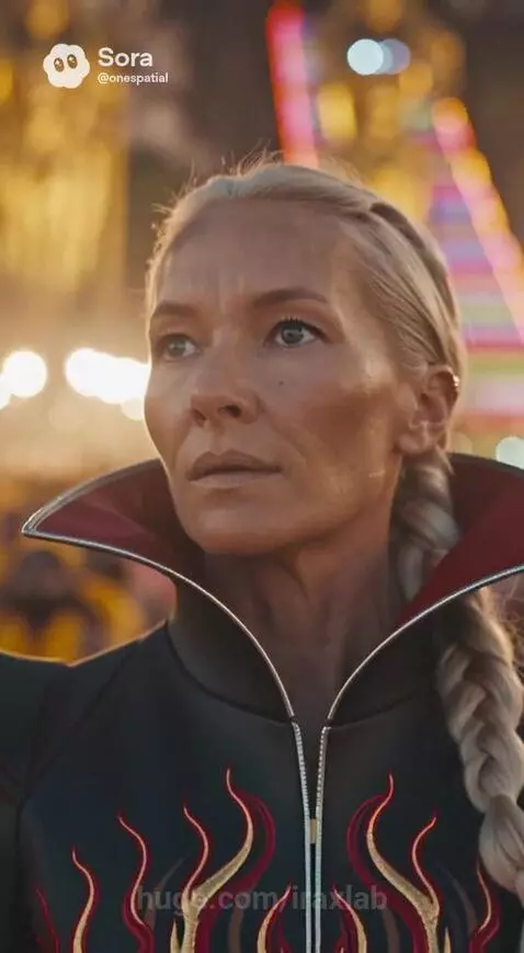 Woman in a flame-patterned coat arrives at the bustling Thaipusam festival in Malaysia, then approaches a colorful mountain staircase.