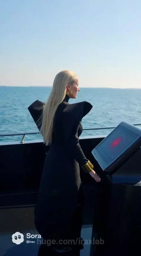 Woman in stylish dress on a yacht attempts to control it with a digital panel, facing voice command issues.
