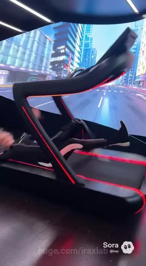 Woman exercising on a futuristic smart treadmill in a modern gym, with digital displays showing speed.