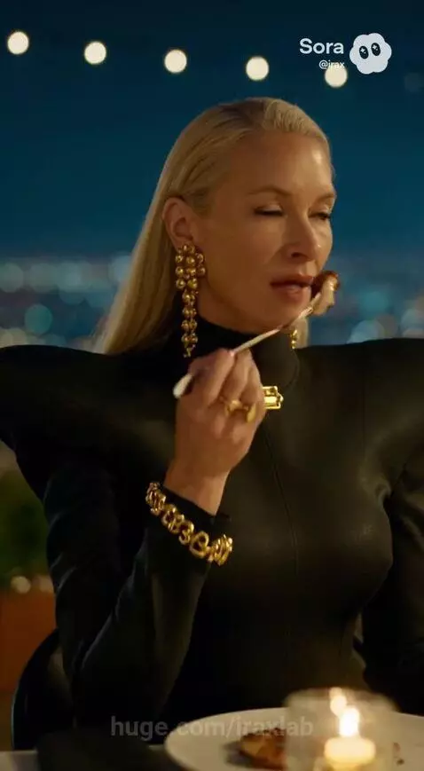 Woman dining at an outdoor restaurant at night, her torso transforms into a purple octopus with tentacles.