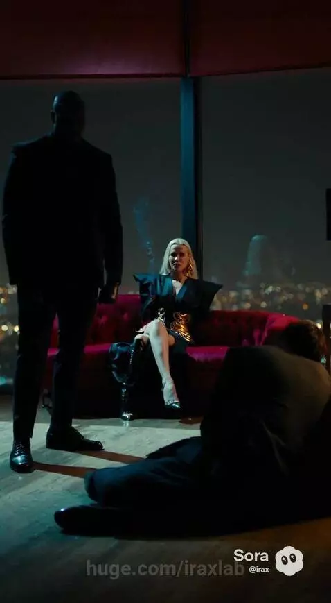 Woman in black and gold outfit looking powerful, a distressed man on the floor, city lights in background.