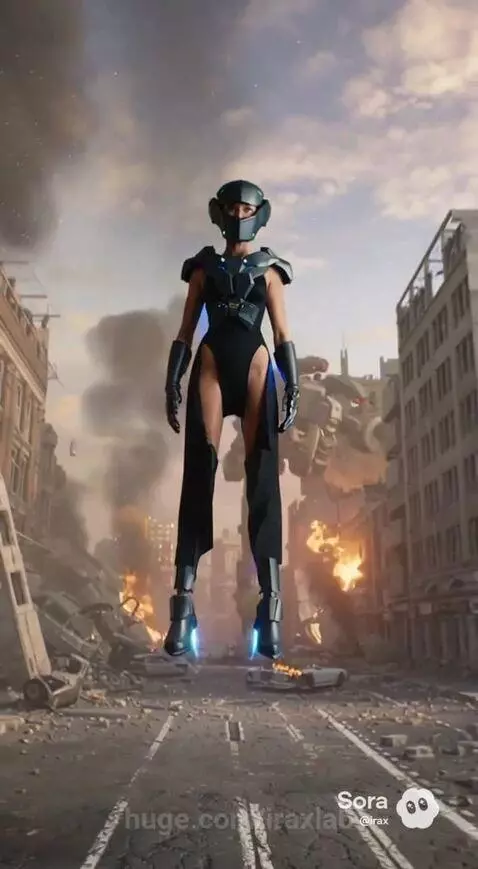Armored woman with glowing blue energy sword flying over a destroyed city at dusk.