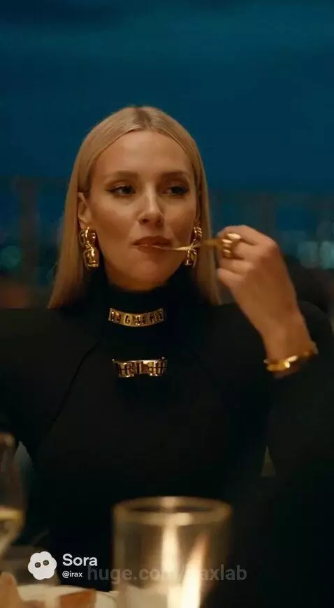 Woman eating goat cheese platter transforms into a goat-headed creature at a rooftop restaurant.