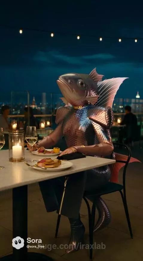 A woman in elegant attire and jewelry transforms into a humanoid salmon creature at an outdoor restaurant at dusk.
