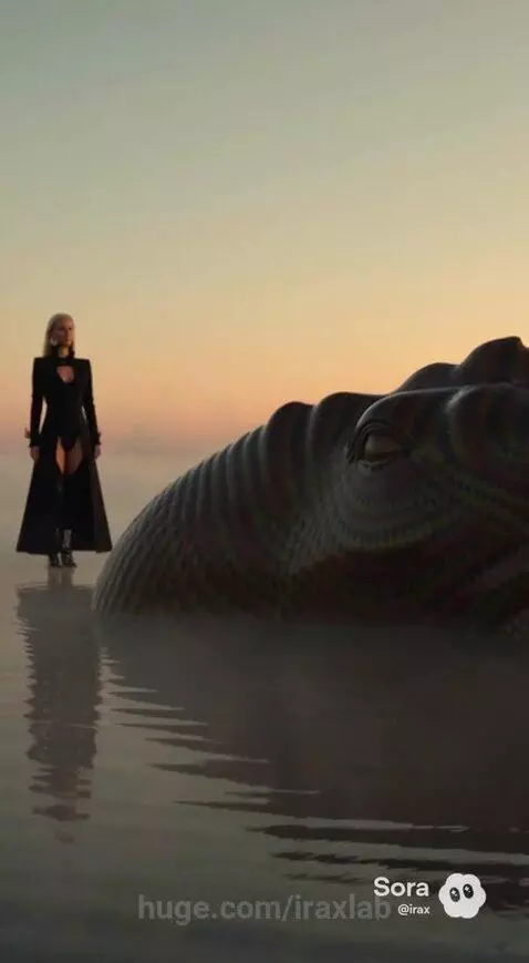 Woman with blonde hair riding a large, scaly serpent through misty water at sunset.