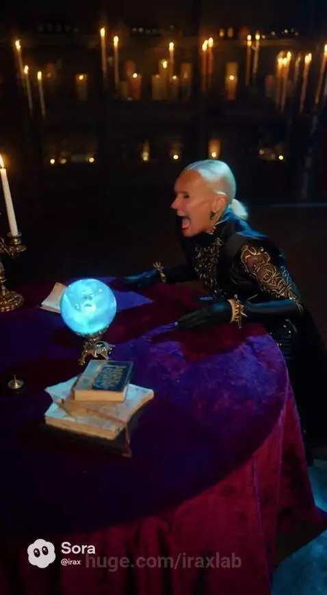 Woman in ornate gothic outfit recoils from a glowing blue crystal ball after a loud noise.