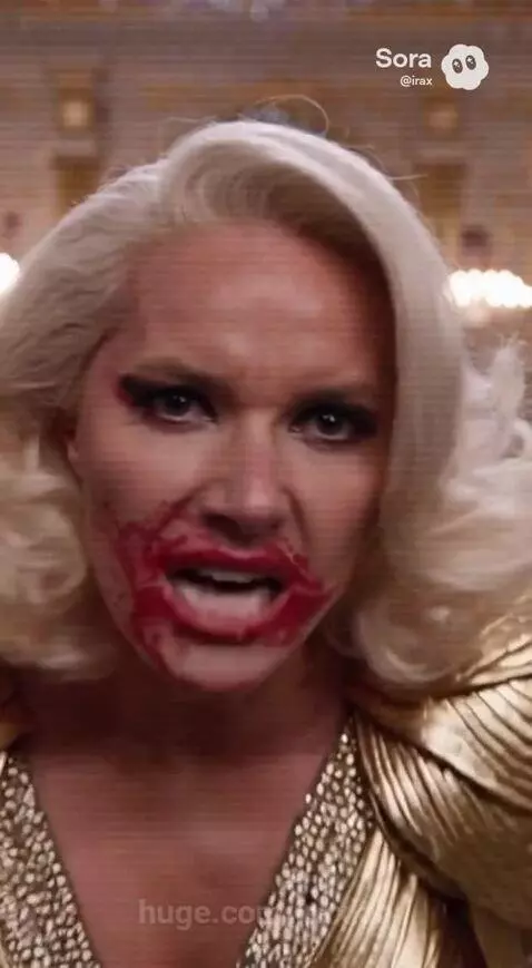 Close-up of a woman with smeared red lipstick, intense expression, wearing a gold gown.