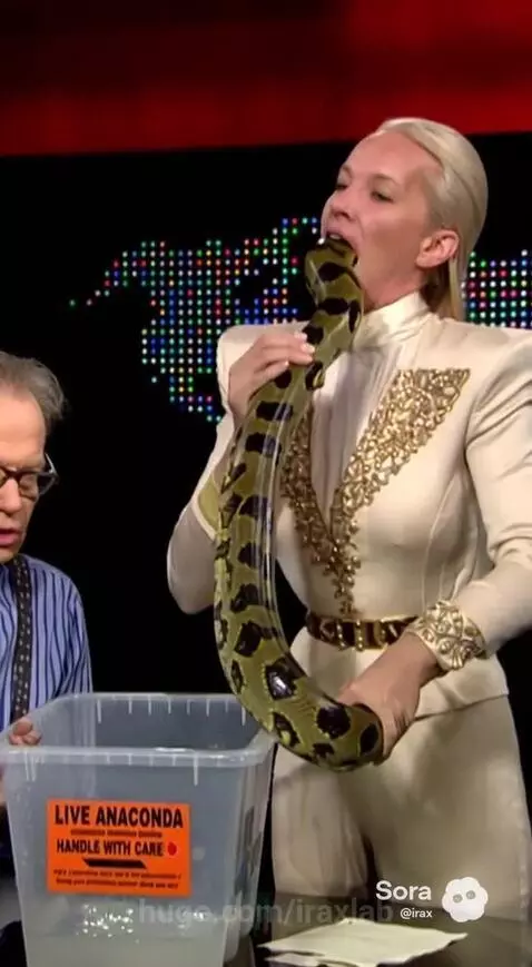 Woman with blonde hair in a white and gold outfit unhinging her jaw to swallow a large green and black patterned snake.
