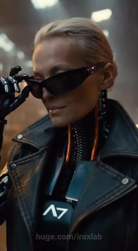 Female cyborg with blonde hair, sunglasses, and leather jacket in an industrial setting next to a motorcycle.