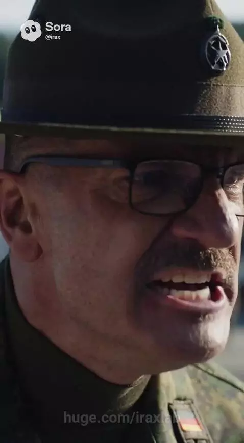 Drill sergeant in military uniform shouting at a woman to do burpees on a parade ground.