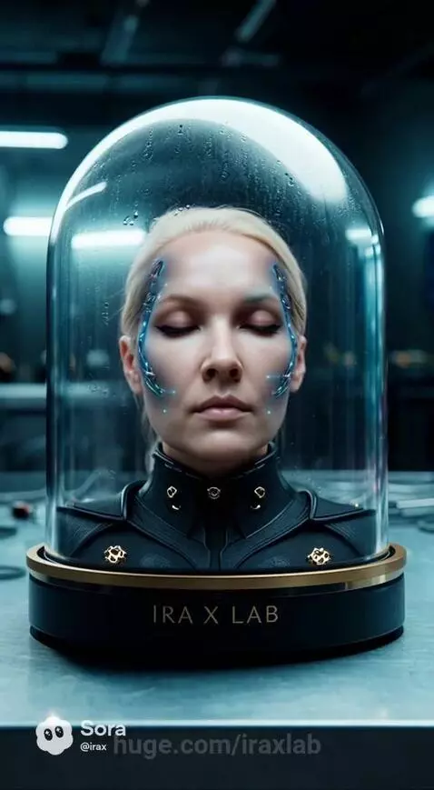 Woman in futuristic uniform inside a glass dome labeled 'IRA X LAB' with glowing blue circuitry.