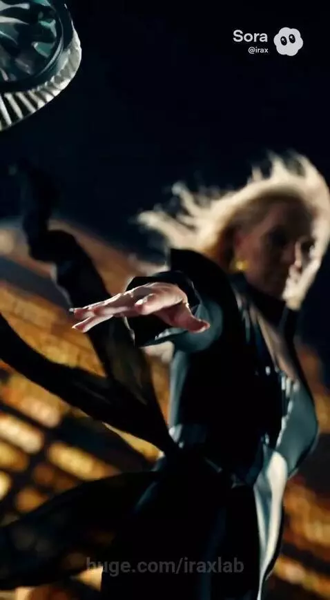 Blonde woman in futuristic black outfit with sashes flying over a illuminated city at night.