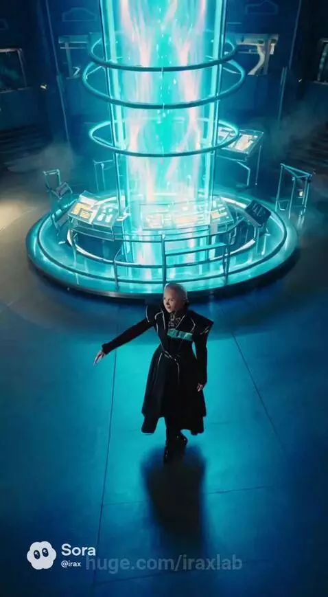 Woman in futuristic coat in a high-tech room with Earth view from space.