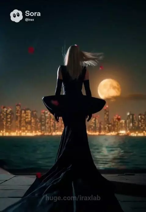 Woman in black gown by water, facing city skyline under full moon, red petals falling.
