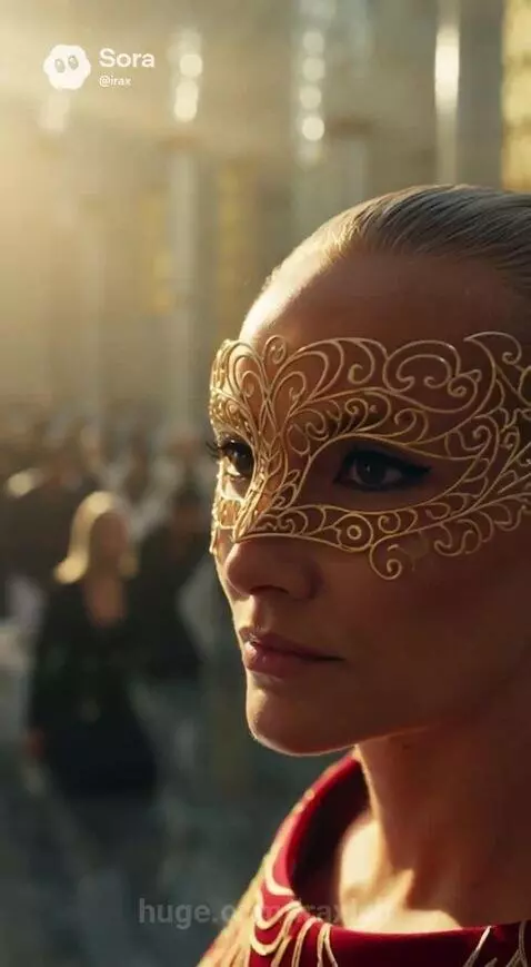 Woman wearing a golden filigree mask and crown, adorned in a red gown with a long train, in a grand hall.