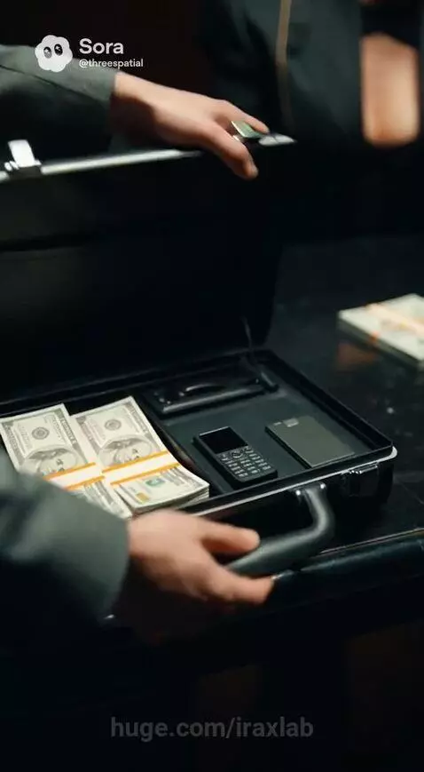 Woman in dark, cinematic setting with gold jewelry, smoking a cigar, surrounded by stacks of cash.