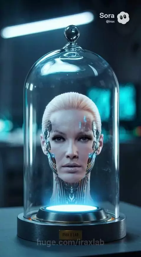 Futuristic robotic female head with blonde hair inside a glass bell jar, showing metallic details and blue glowing lights.