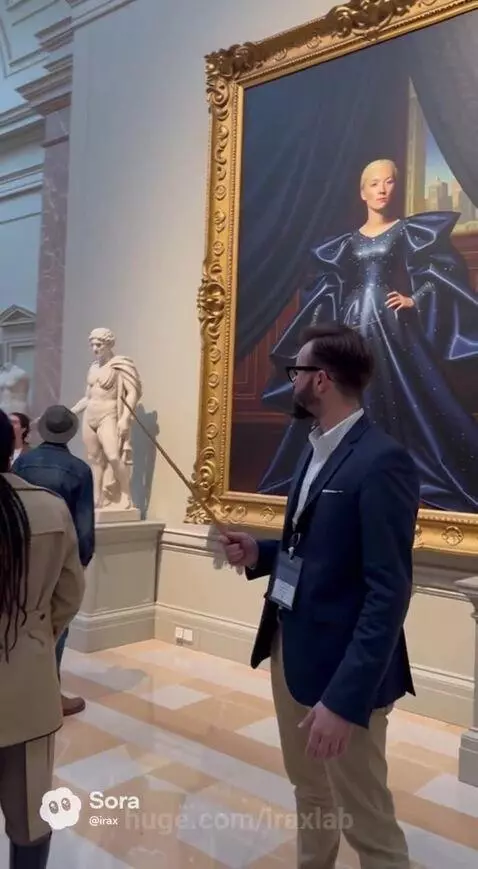 Woman in a sparkling gown steps out of a painting in a museum setting, presented as an AI artwork.