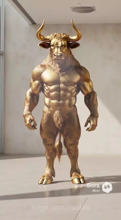 Woman transforming into a muscular golden bull creature with glowing eyes and golden lightning effects.