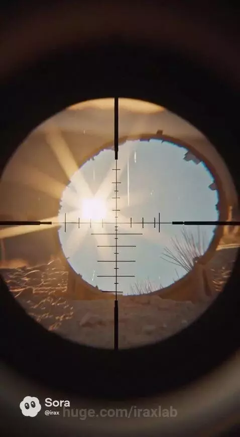 Woman in black jacket with sniper rifle aiming at a mirror in a desert landscape.