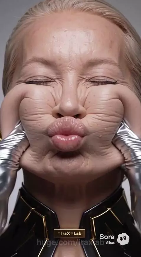Close-up of a woman's face with blonde hair, skin being stretched and manipulated by metallic gloved hands to create deep wrinkles.