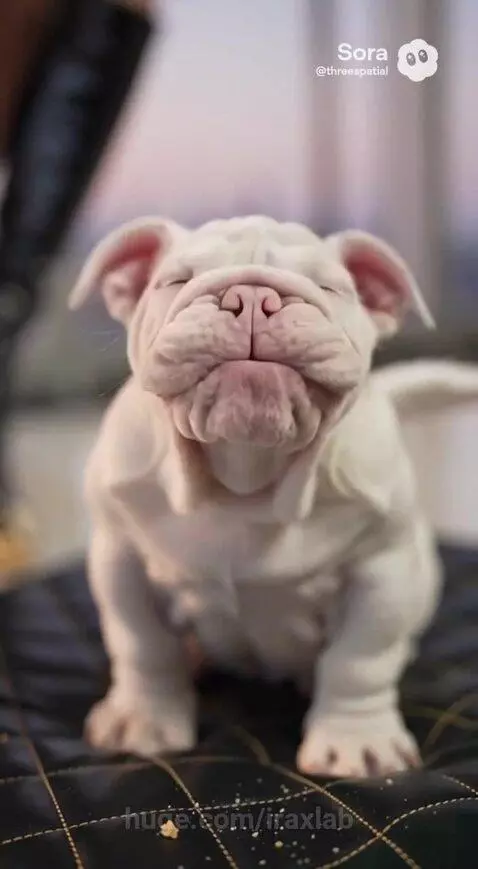 Stylish woman with blonde hair and black dress watches a white bulldog puppy with wings lying next to a dumbbell.