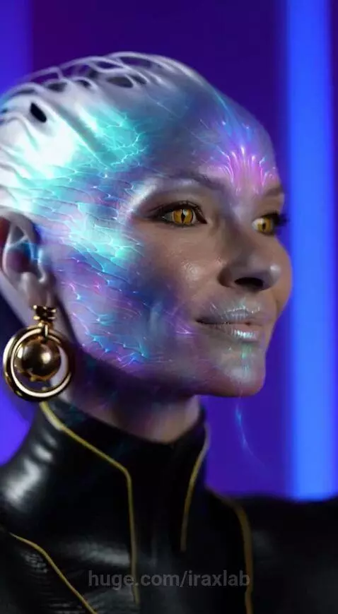 Woman with white hair transforms into an alien with glowing patterns, slit eyes, and silvery skin after drinking a blue potion.