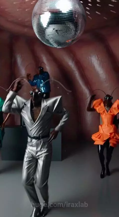 Woman meditating transitions to anthropomorphic cockroaches dancing under a disco ball in a surreal organ-like room.
