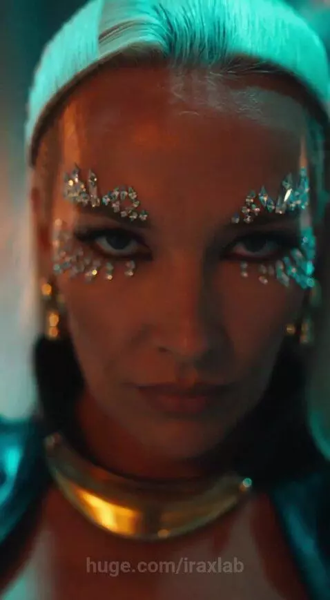 Woman in black outfit with gems singing in a misty temple, then DJing in a club.