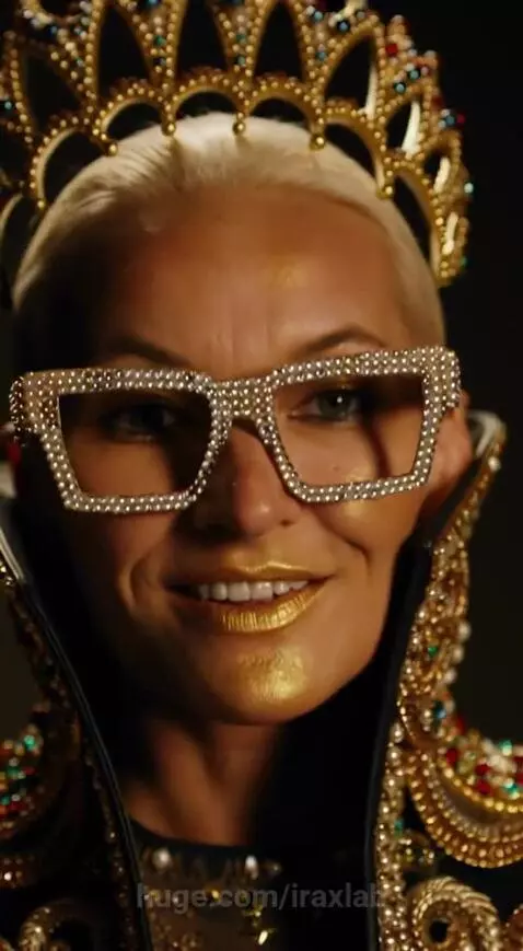 Woman with gold face paint, a crown, large rhinestone glasses, and an embellished jacket poses with a kiss face.