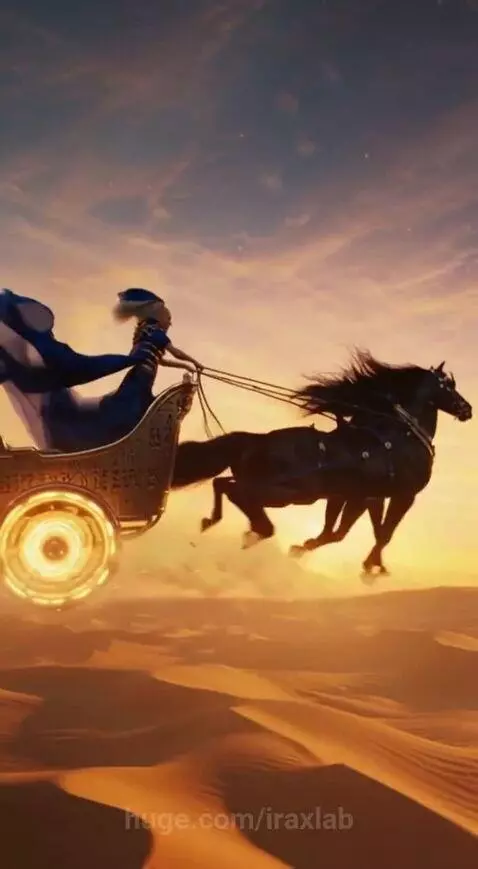 Woman in Egyptian-inspired costume on a golden chariot with a black horse, moving from desert to a starry cosmos.