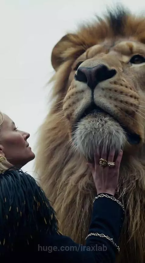 Woman in a black coat with feather details petting a majestic lion in a stone castle courtyard.