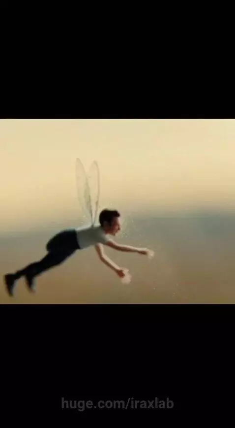 Woman driving in desert at sunset, a tiny winged person is visible inside the car.