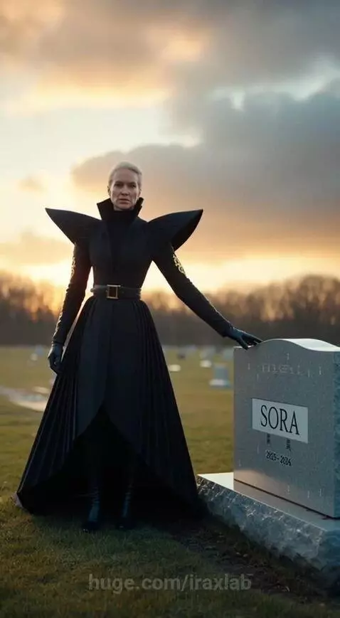Woman in black with gold embroidery places hand on 'SORA' tombstone at sunset.