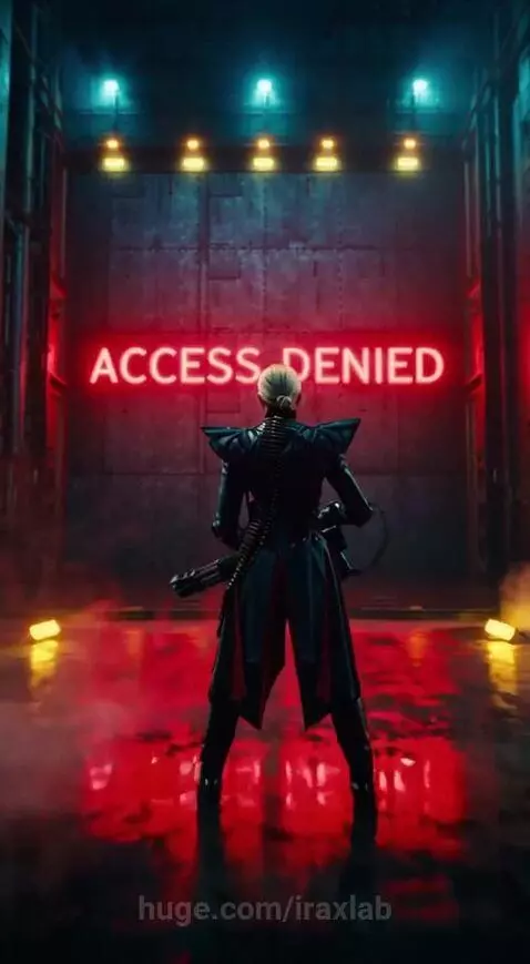 Woman with futuristic gun firing at a metal wall with 'ACCESS DENIED' neon letters, causing sparks.