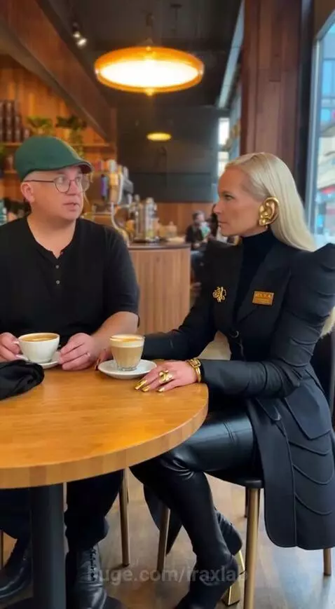 Man and woman in stylish outfits running out of a cafe into a wet city street at night.