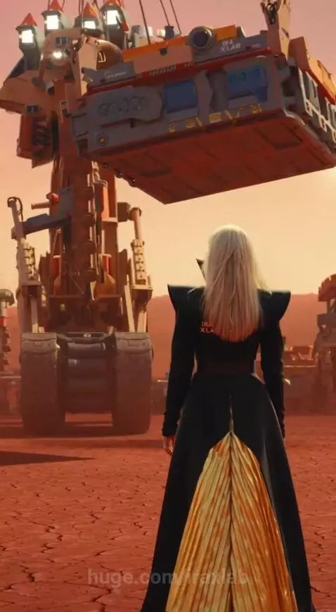 Blonde woman in futuristic black and gold outfit with a staff on a cracked desert planet with industrial machinery.