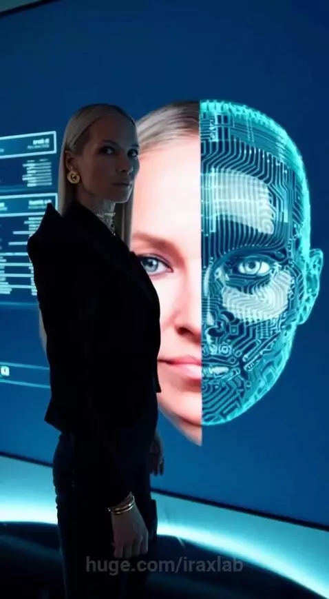 Woman in black suit interacting with a futuristic blue screen showing data and a face merged with circuit board.