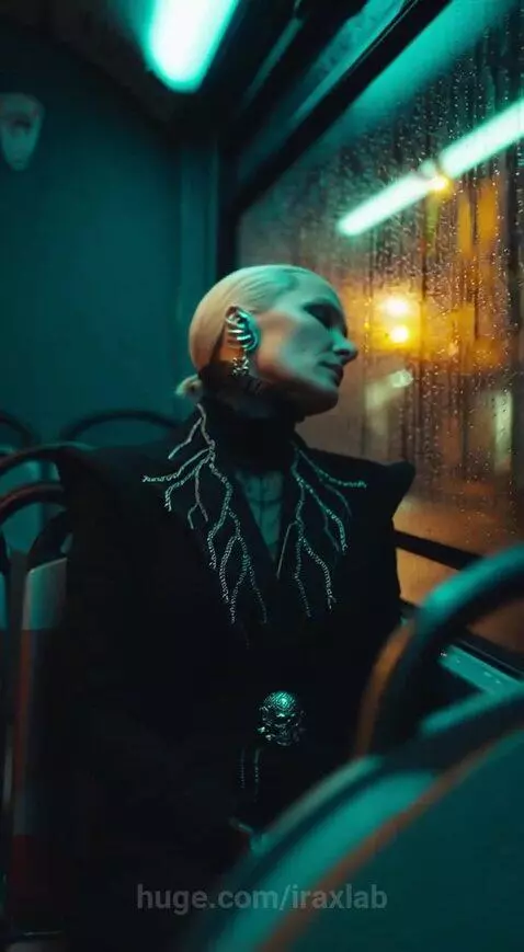 Stylish blonde woman in a black coat with silver embellishments walking through a neon city at night.