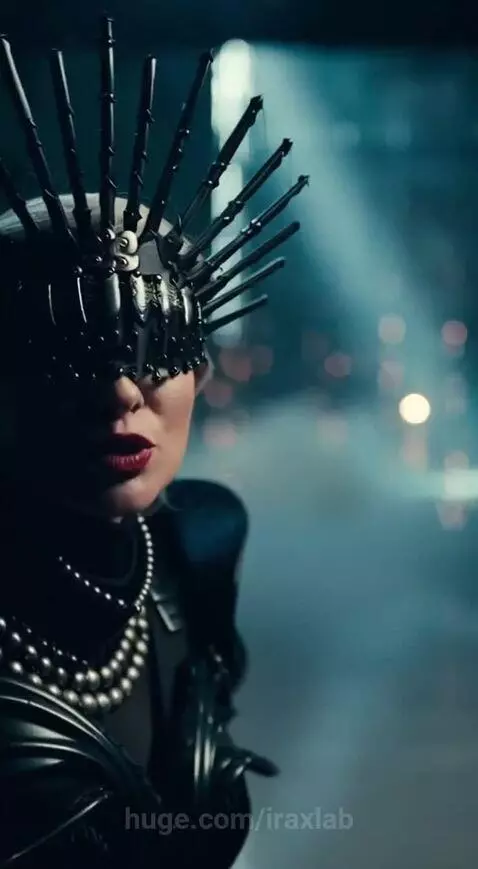 Woman in dramatic dark outfit with spiky crown and red lipstick in smoky industrial setting with sparks.