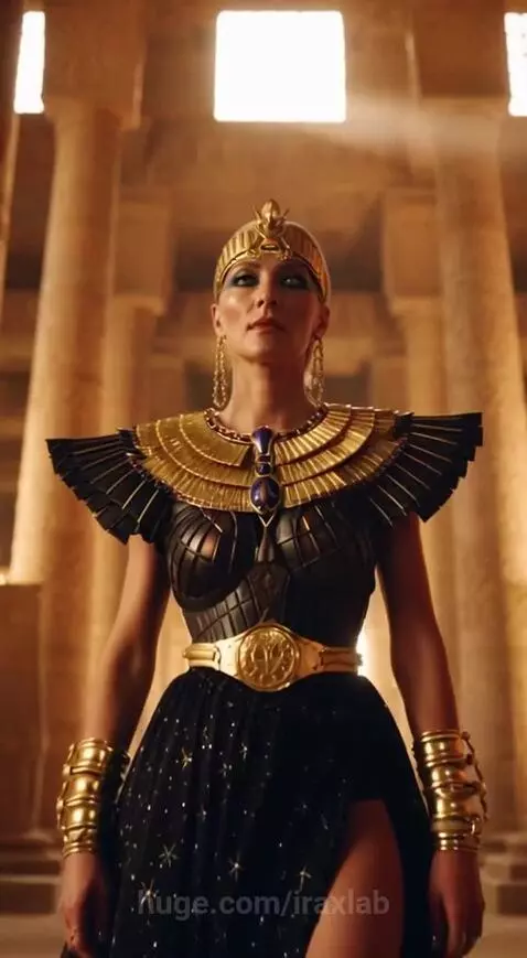 Woman dressed as an Egyptian queen on a motorcycle in a desert at sunset.