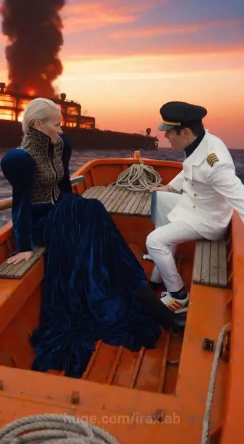 Man and woman in a rowboat with a burning ship and sunset in the background.