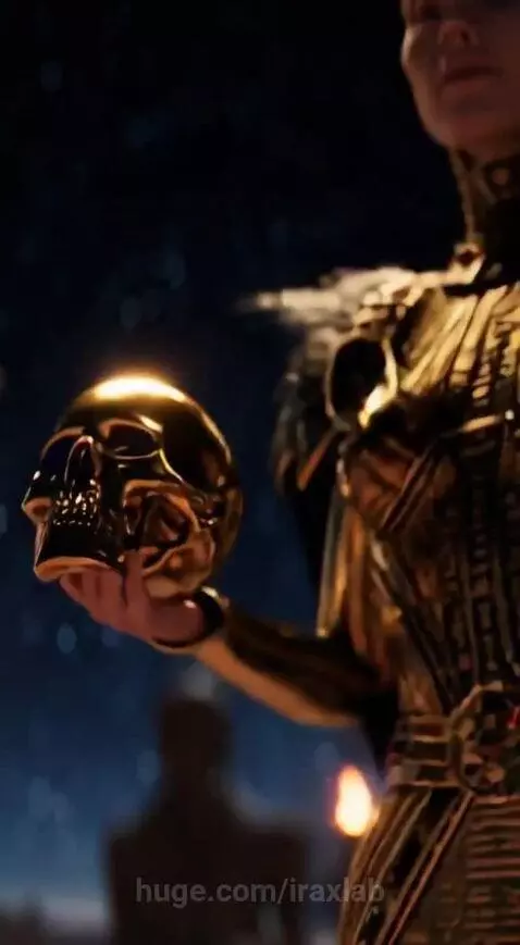 Golden armored warrior queen with a crown and red eyes, holding a golden skull against a starry background.
