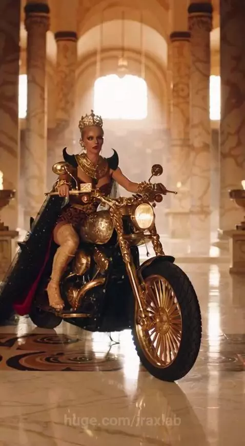 A regal queen in a golden crown and ornate dress stands beside a gold motorcycle in a desert at sunset.
