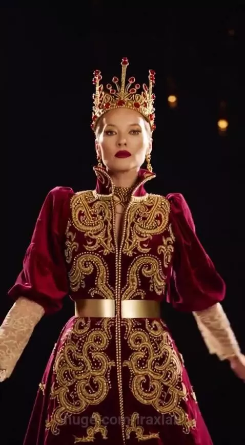 Woman wearing a golden crown, red velvet dress with gold embroidery, and a golden belt, posing dramatically.