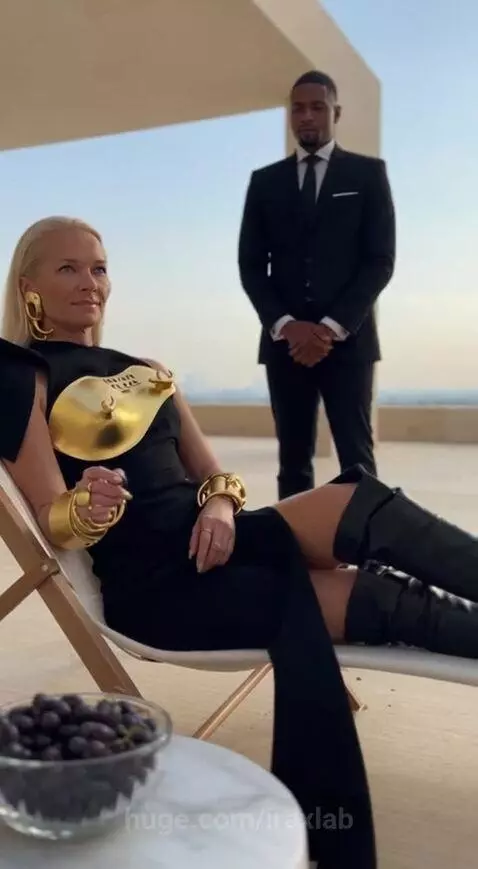 Couple in elegant attire enjoying grapes on a rooftop lounge with a city skyline view.